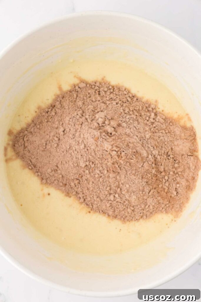 Nourishing Chocolate Muffins 9 Adding dry muffin ingredients to wet ingredients