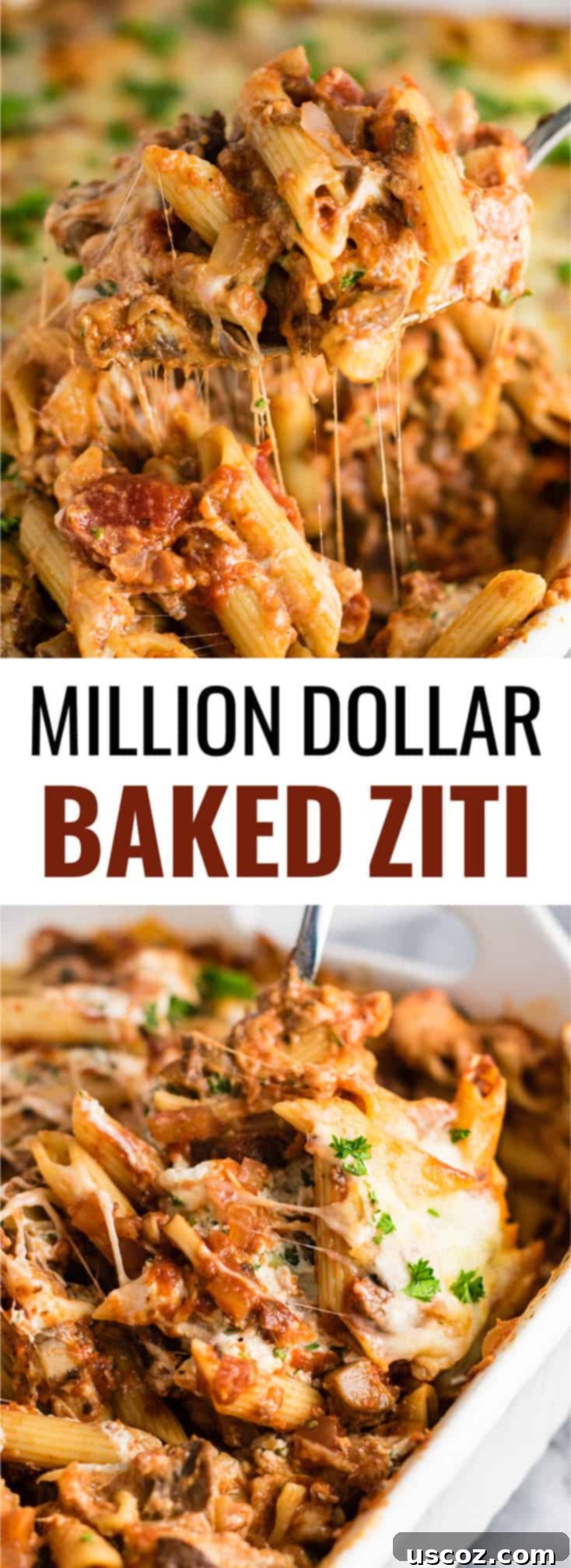 Million Dollar Meatless Baked Ziti 19 This Meatless Million Dollar Baked Ziti Recipe is an easy and impressive vegetarian dinner. Full of meaty mushrooms, fresh herbs, and four types of cheese! #meatless #milliondollarziti #bakedziti #vegetarian #dinner