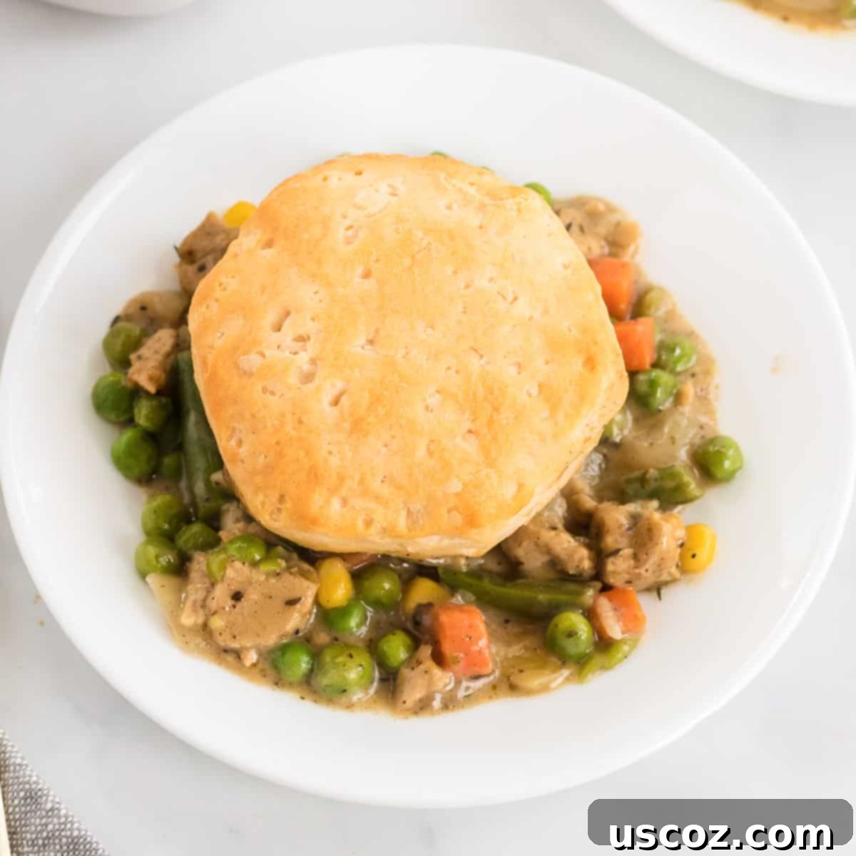 Garden Harvest Pie 2 A delicious homemade veggie pot pie topped with a golden-brown biscuit, served on a white plate, showcasing its creamy filling and flaky crust.