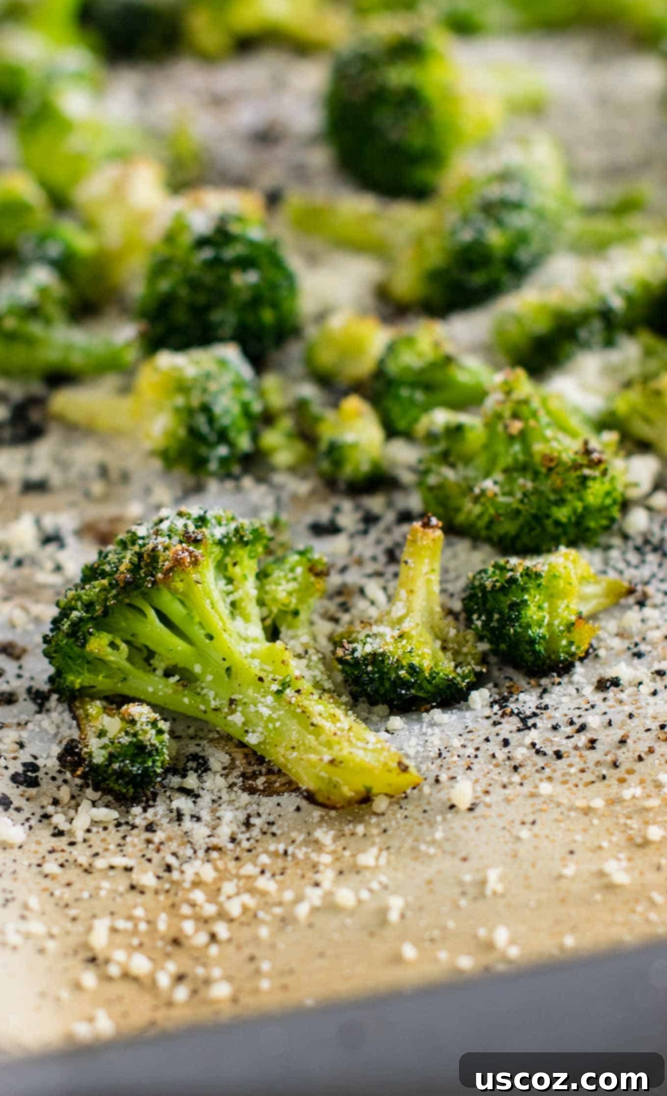 Perfectly Roasted Frozen Broccoli 2 Oven roasted frozen broccoli florets, perfectly crisped and sprinkled with parmesan cheese, ready to serve as a delicious side dish.