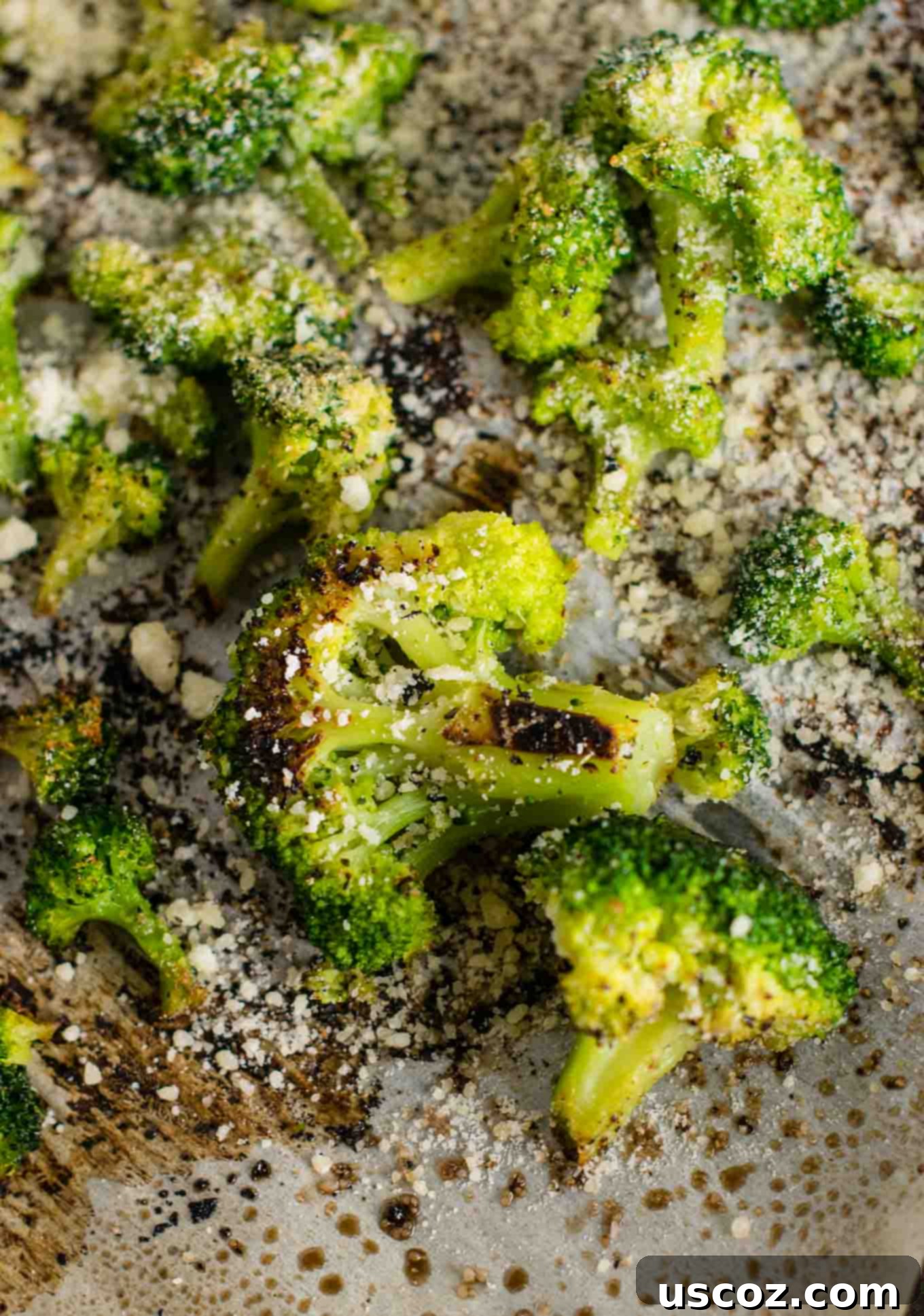 Perfectly Roasted Frozen Broccoli 4 Close-up of charred roasted broccoli florets with crispy edges, ready to be seasoned.