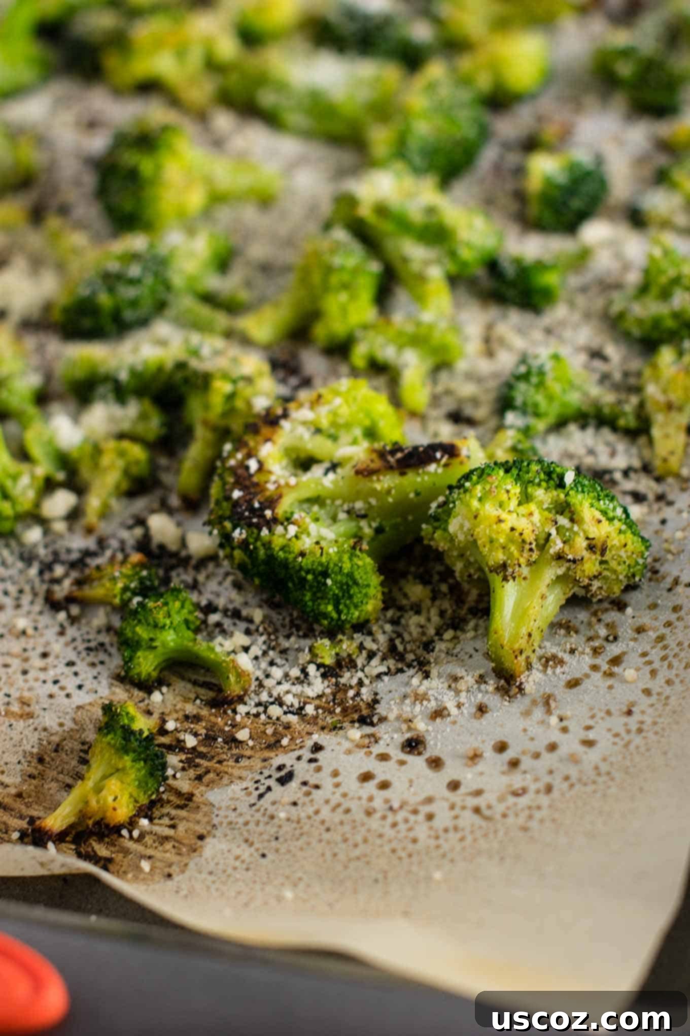 Perfectly Roasted Frozen Broccoli 8 Freshly roasted frozen broccoli on a parchment paper-lined baking sheet, showcasing its crispy texture.