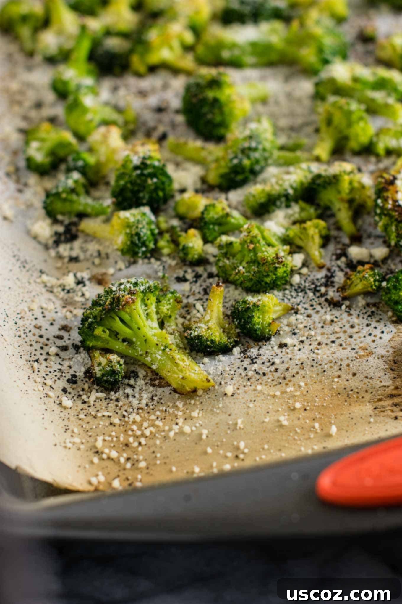 Perfectly Roasted Frozen Broccoli 9 A sheet pan full of perfectly roasted frozen broccoli florets, golden brown and ready to be served.