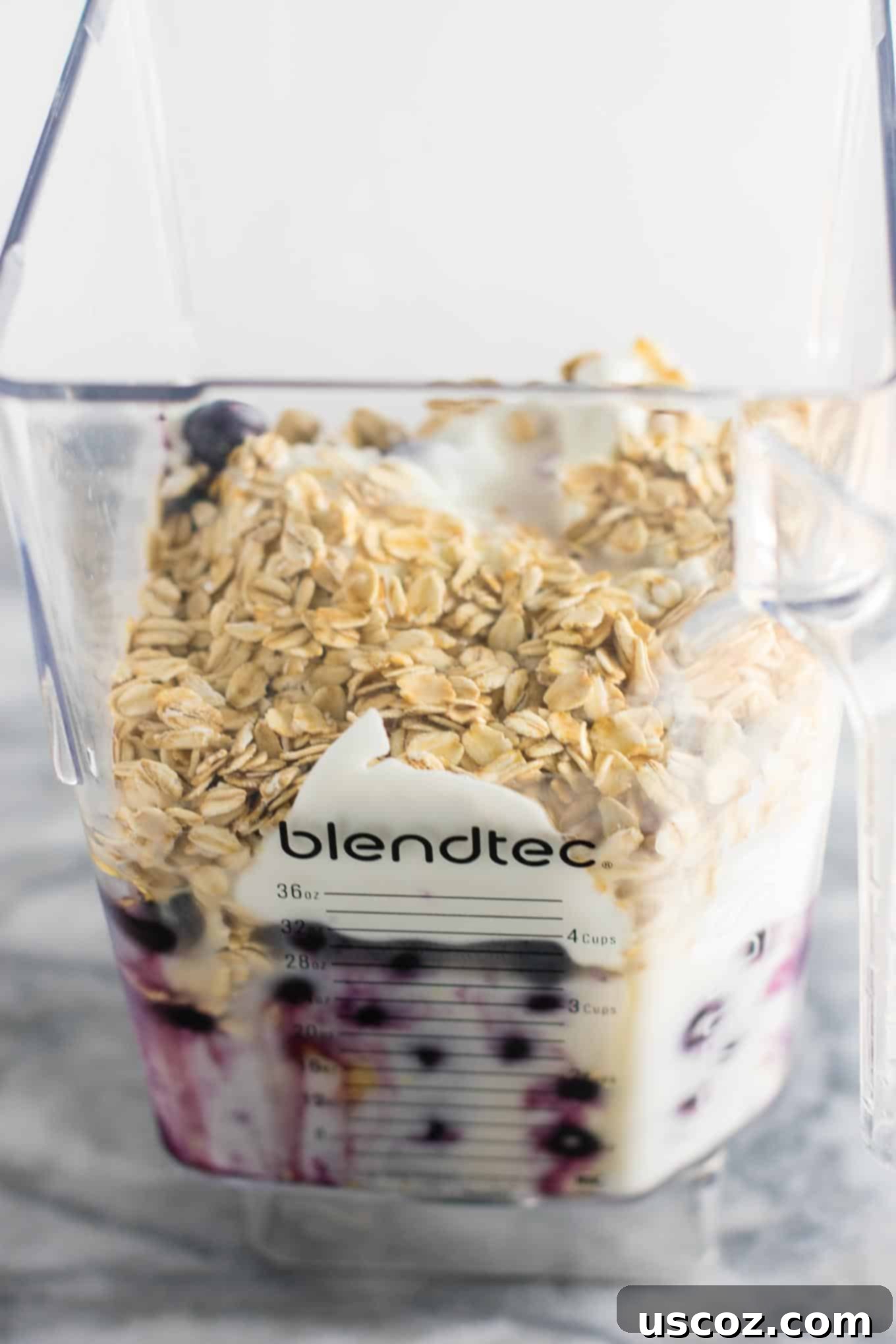 Blueberry Pie Bliss Blend 5 Healthy blueberry pie smoothie recipe with greek yogurt and rolled oats. A breakfast or dessert full of juicy blueberry flavor! #healthy #blueberrysmoothie #blueberrypiesmoothie #vegetarian #greekyogurt #lemonzest #glutenfree