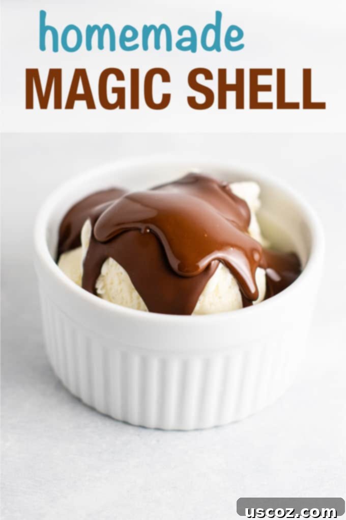 Easy homemade chocolate peanut butter magic shell setting on a spoon, ready to be poured.