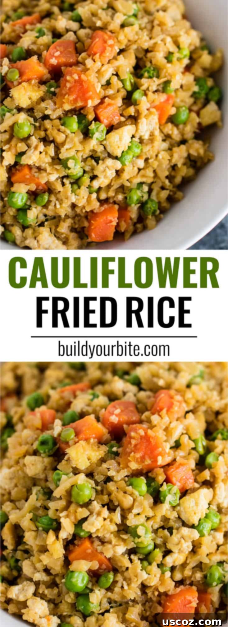 Wholesome Cauliflower Tofu Fried Rice 12 Pinterest pin graphic for Cauliflower Tofu Fried Rice, highlighting it as a vegan, gluten-free, and grain-free recipe for a healthy dinner.