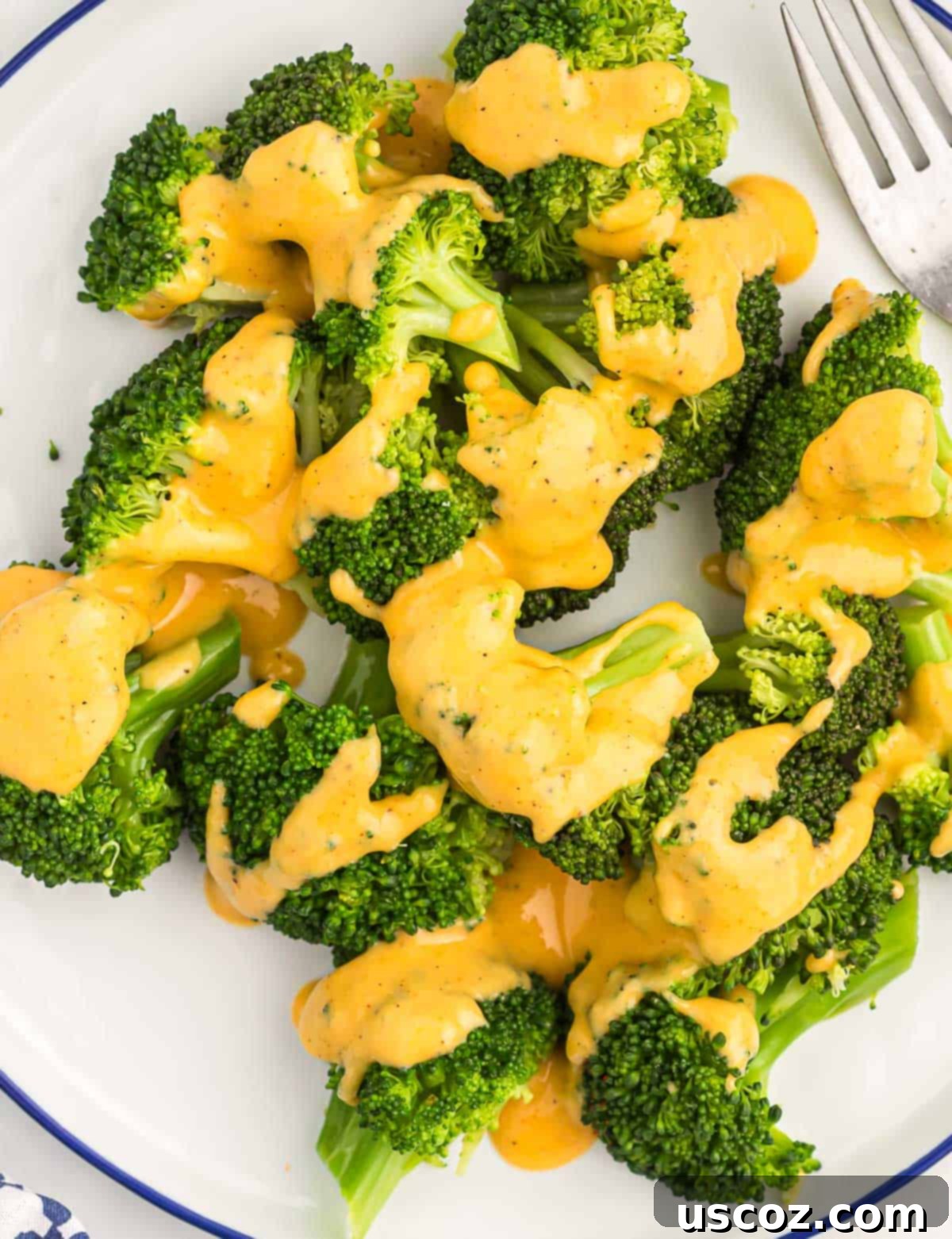 Ultimate Cheesy Broccoli Sauce 12 Steamed broccoli covered in a generous layer of homemade cheese sauce, close up