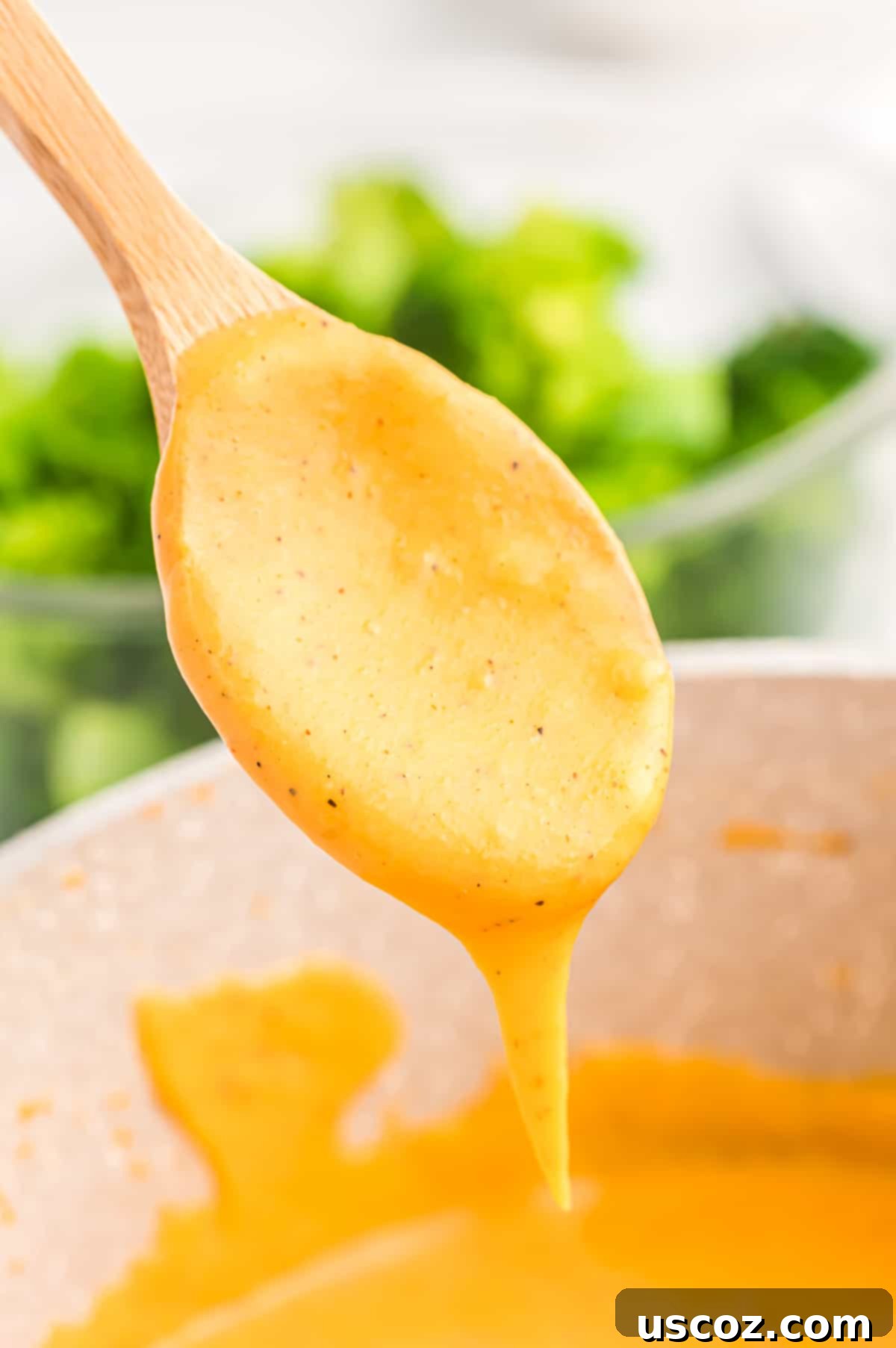 Ultimate Cheesy Broccoli Sauce 3 A spoon generously coated in rich, golden cheese sauce, ready to be drizzled
