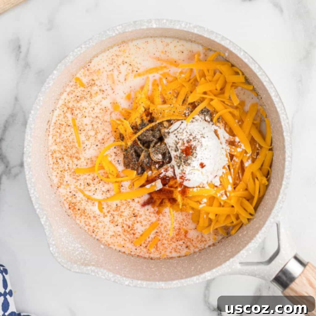 Ultimate Cheesy Broccoli Sauce 5 Adding cheese sauce ingredients to a sauce pan, showing milk, cheese, and spices