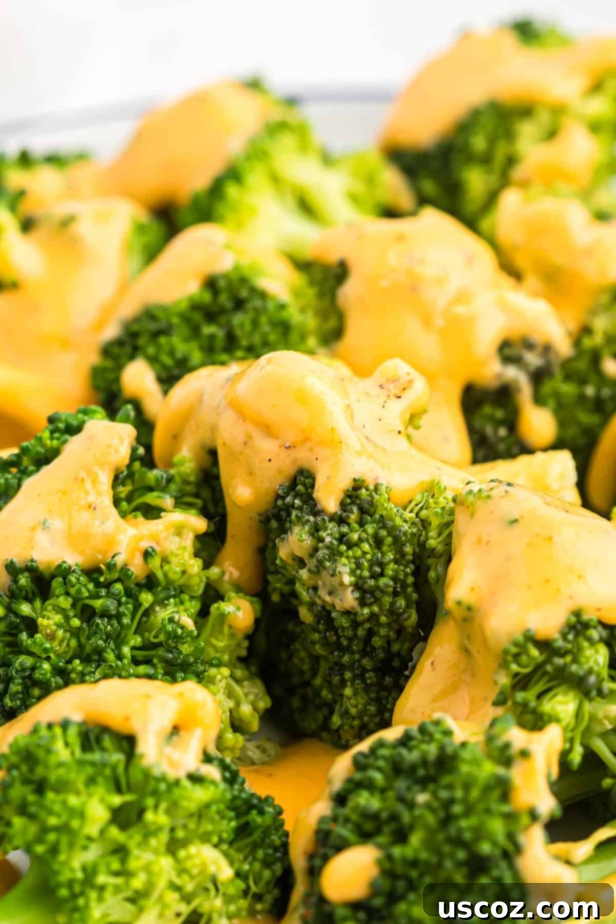 Ultimate Cheesy Broccoli Sauce 10 A bowl of steamed broccoli with cheese sauce, with a fork ready to scoop