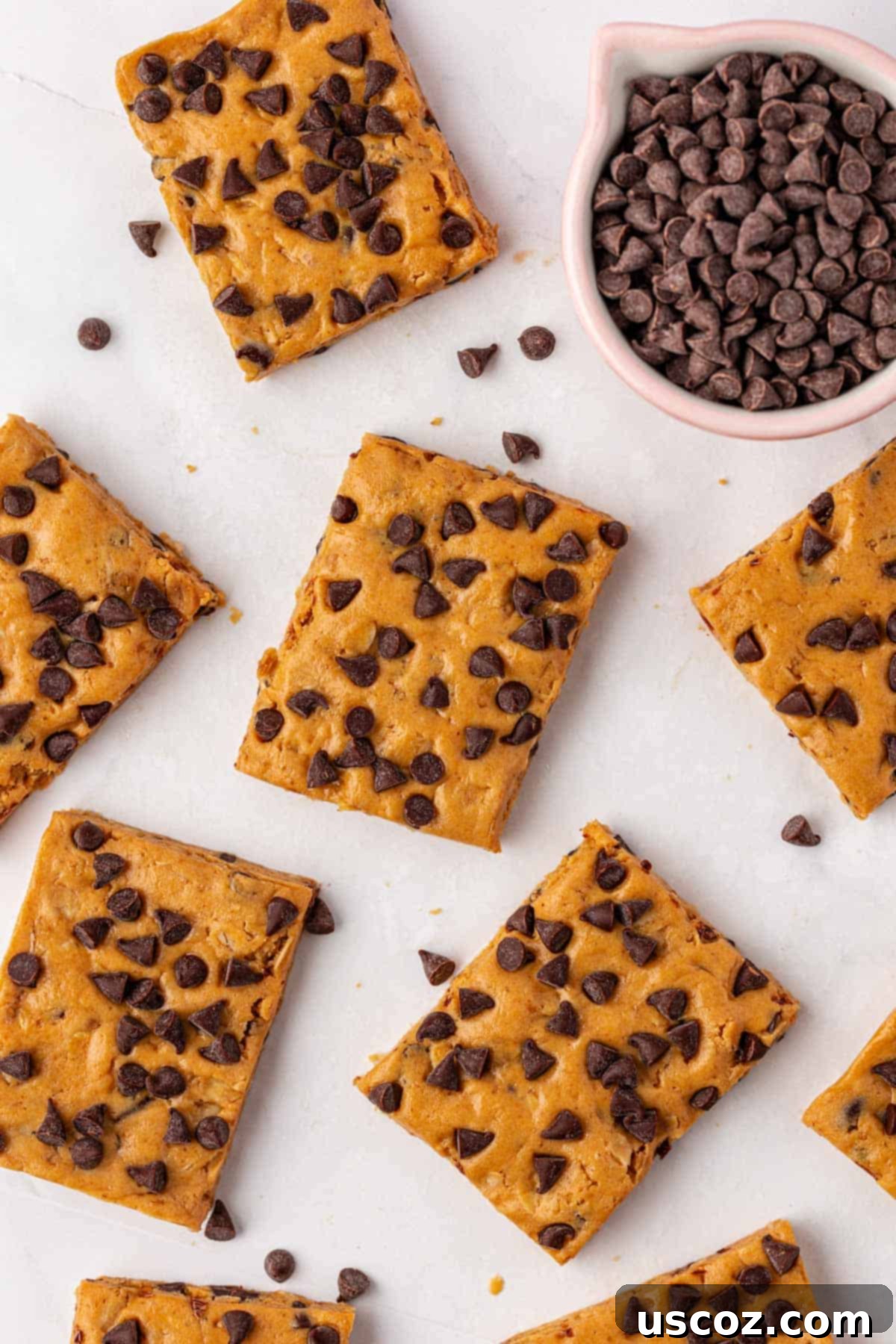 PB & Chocolate Chip Protein Bars 2 Delicious no-bake peanut butter chocolate chip protein bars arranged on a plate.