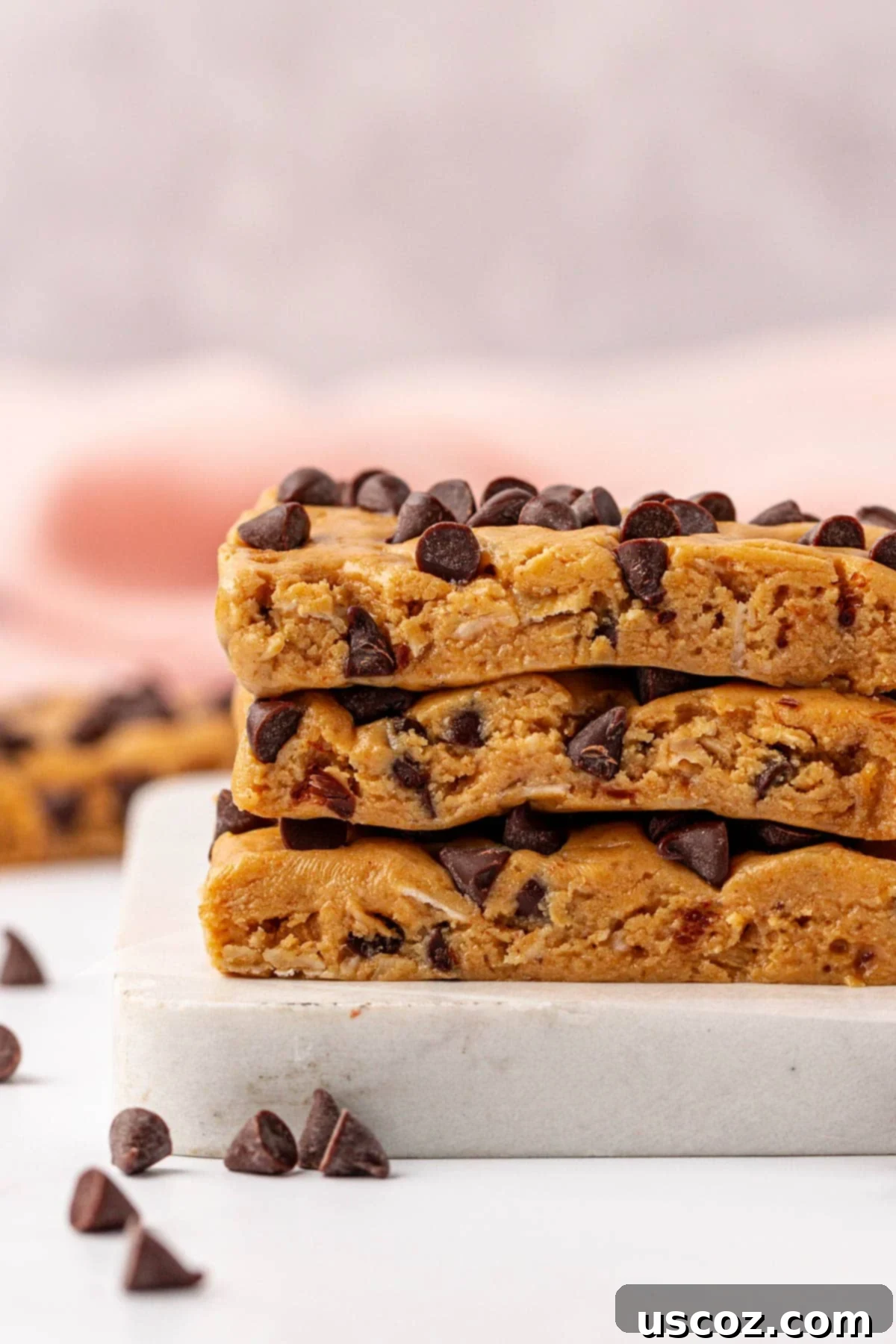 PB & Chocolate Chip Protein Bars 14 A close-up of a single peanut butter chocolate chip protein bar with a bite taken out, showing the rich interior.