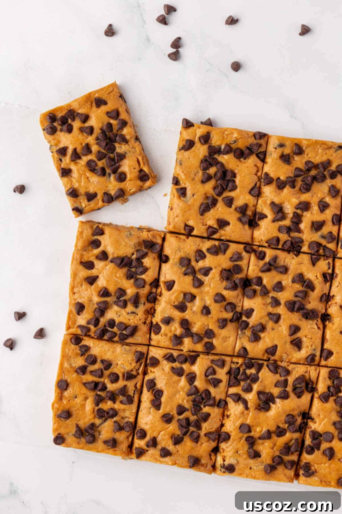 PB & Chocolate Chip Protein Bars 15 Several neatly cut peanut butter chocolate chip protein bars arranged for a tempting display.