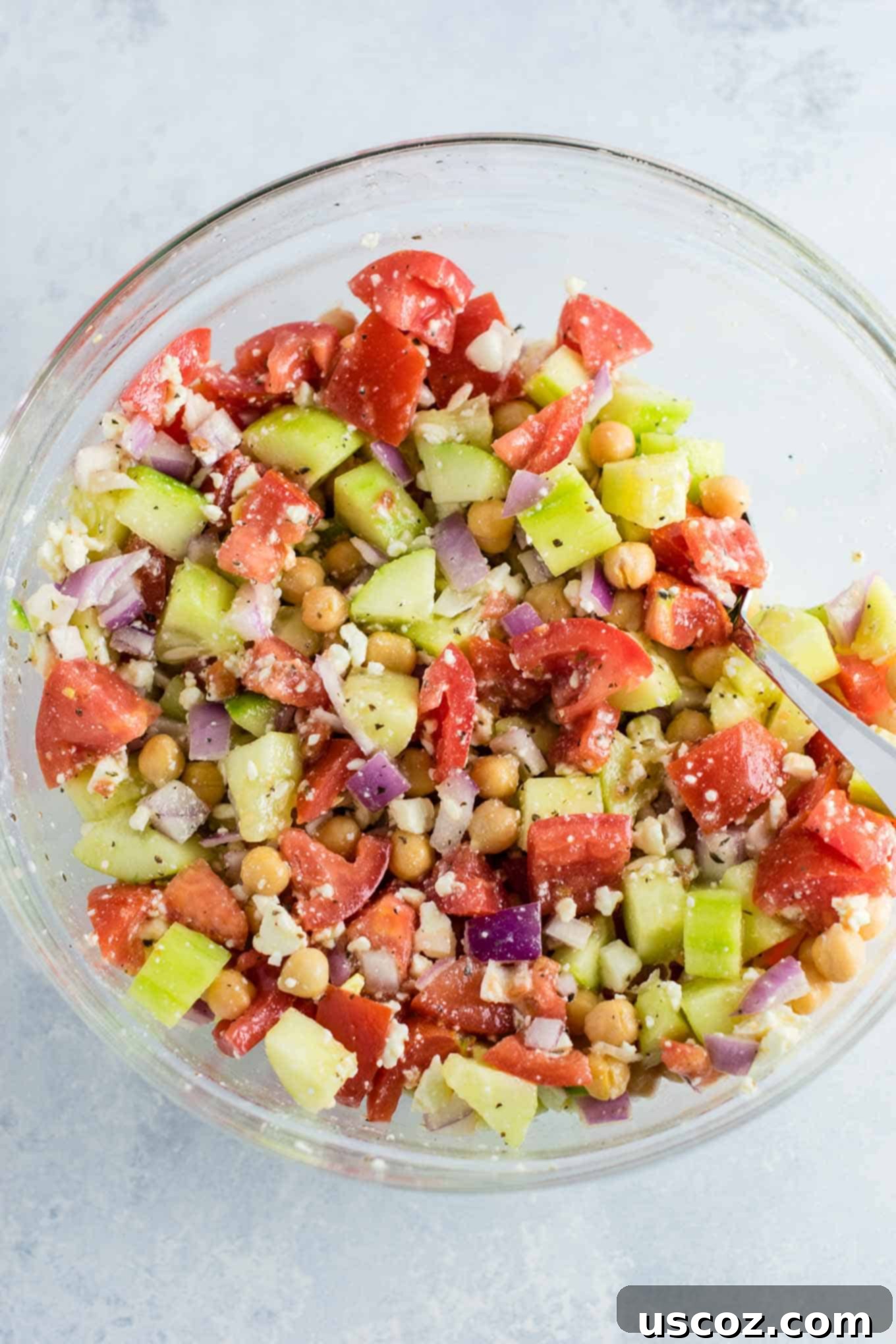 Tangy Greek Cucumber Delight 2 chickpea greek salad in a bowl