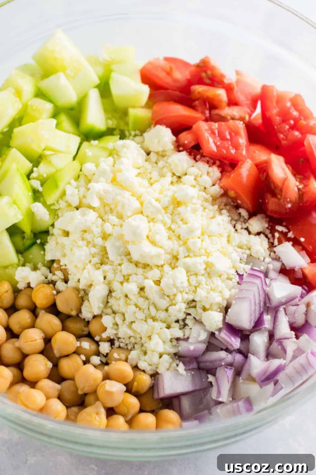 Tangy Greek Cucumber Delight 4 ingredients in a bowl before mixing - cucumbers, feta cheese, red onion, tomatoes, and chickpeas
