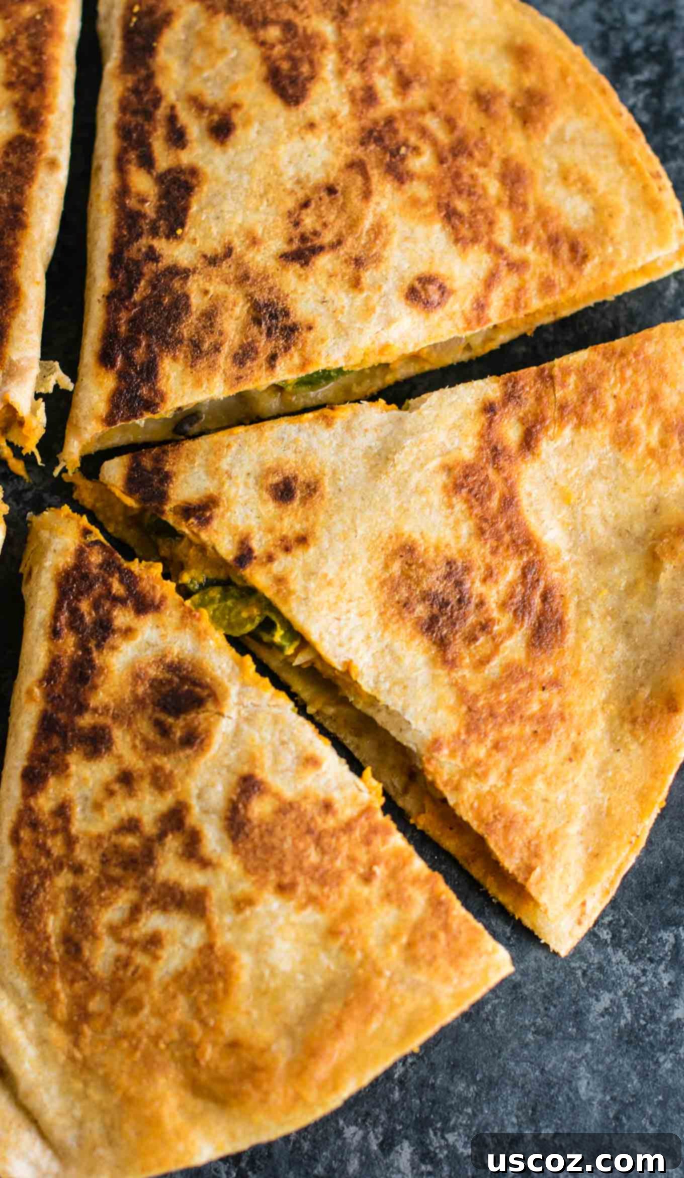 Your New Favorite Vegan Quesadillas 10 Crispy, golden-brown vegan quesadillas sliced into triangles, ready to serve. A delicious meatless, dairy-free meal!