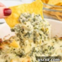 The Ultimate Baked Spinach Artichoke Dip 13 tortilla chip dipped in baked spinach artichoke dip