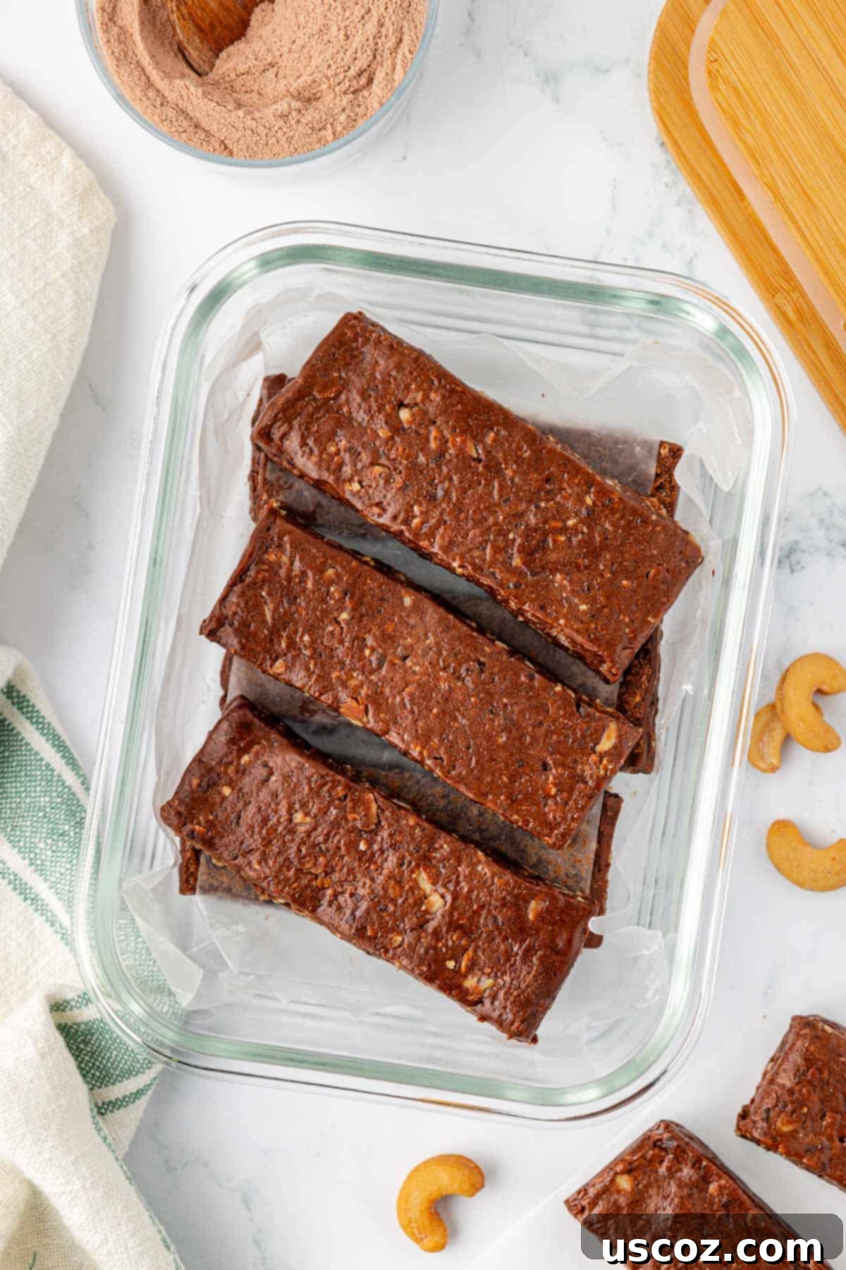 Chocolate Cashew Protein Bars 15 chocolate cashew protein bars in a storage container