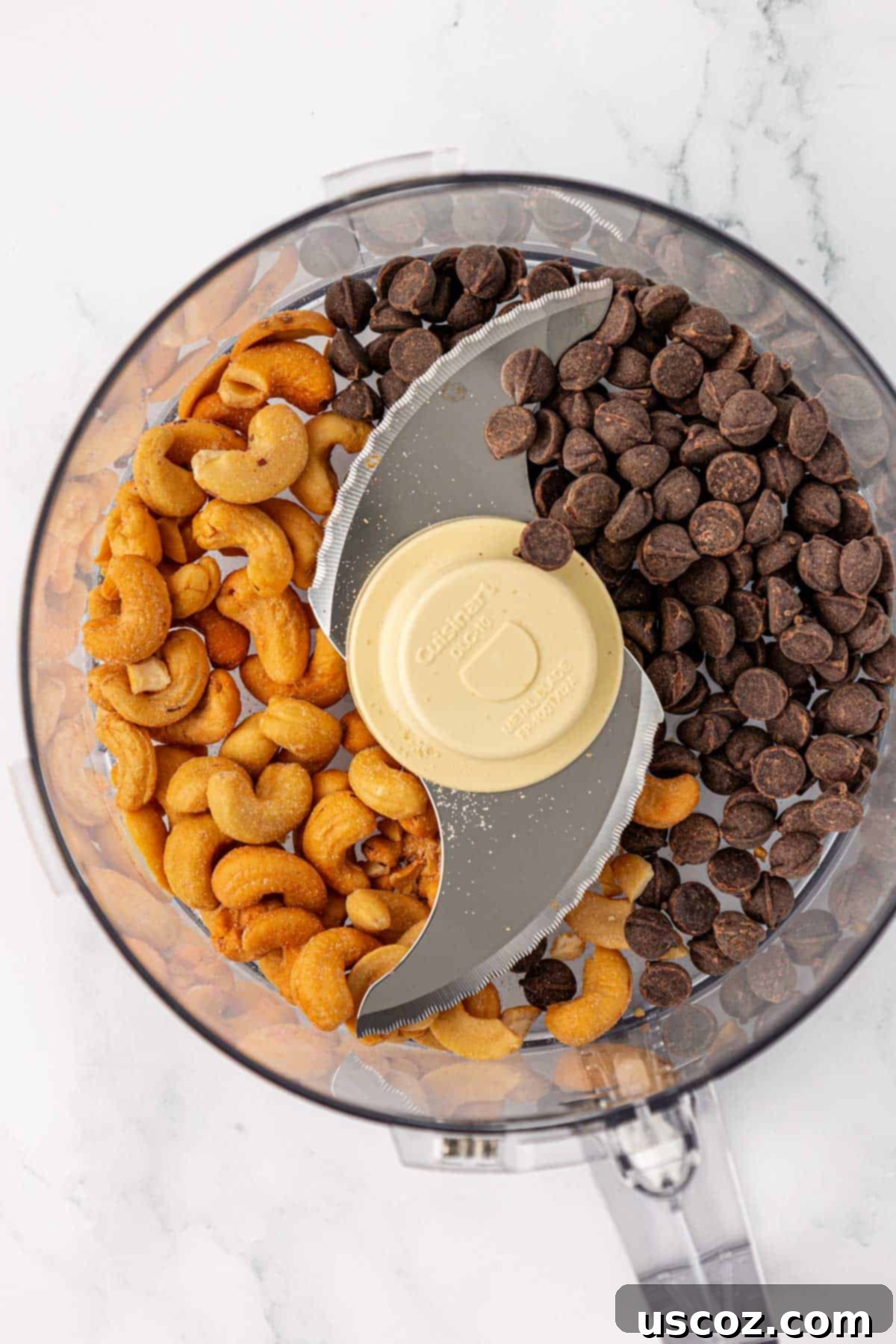 Chocolate Cashew Protein Bars 5 dark chocolate chips and cashews in a food processor