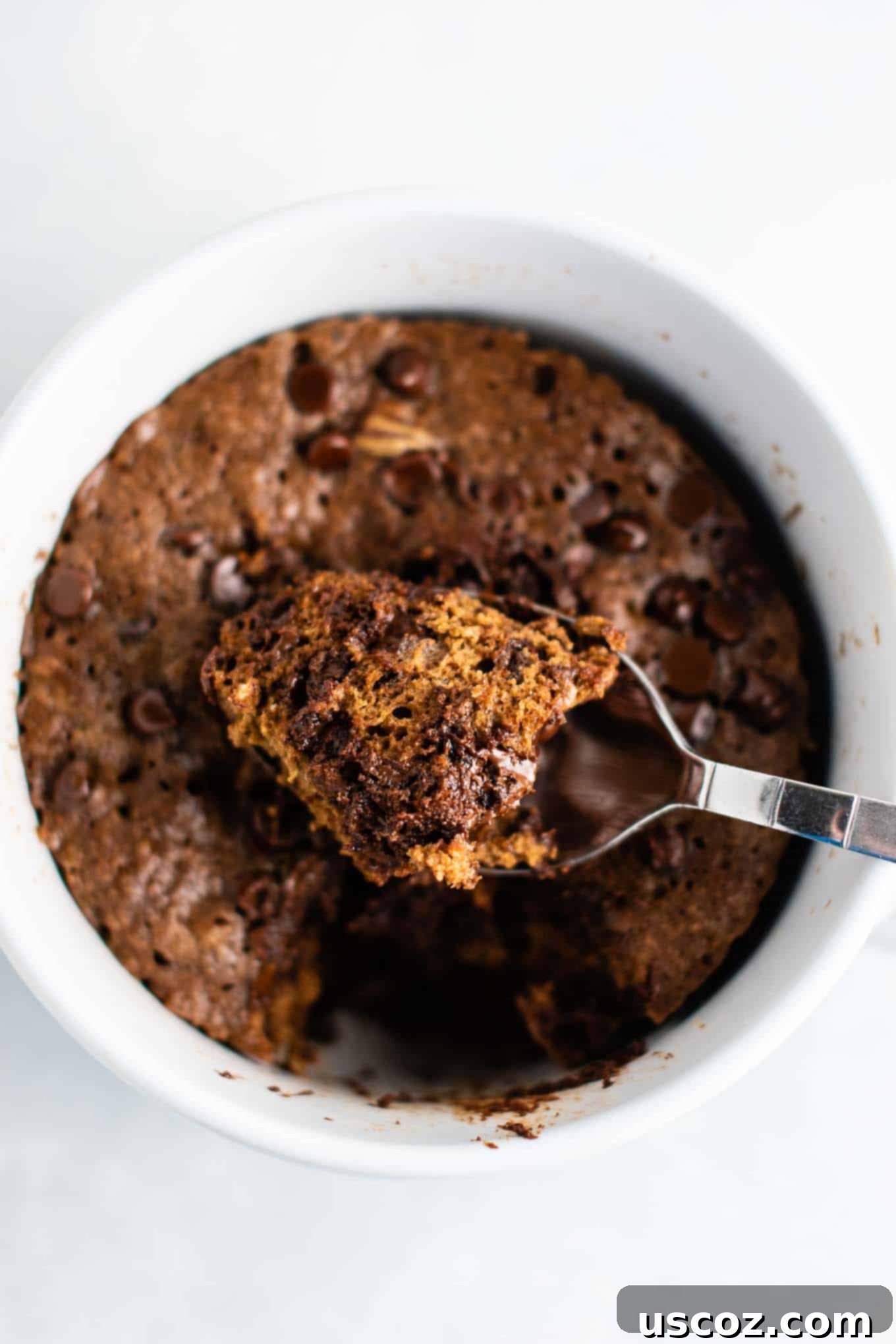 Gluten free chocolate mug cake made with easy to find flours. Perfectly fluffy and so decadent - serve with ice cream!