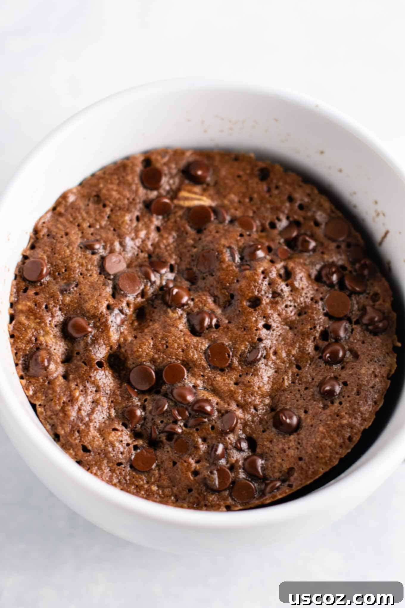 Gluten free chocolate mug cake made with easy to find flours. Perfectly fluffy and so decadent - serve with ice cream!