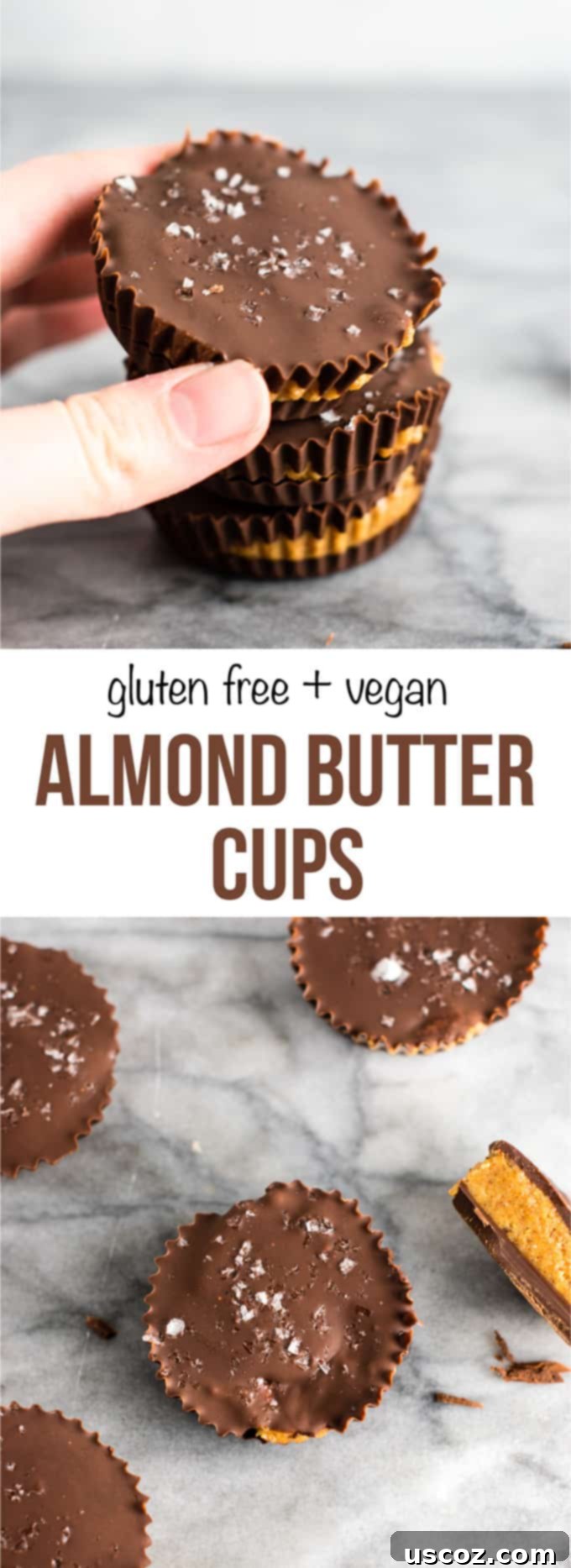 Pinterest graphic: Easy and Healthy Homemade Chocolate Almond Butter Cups recipe, vegan and gluten-free
