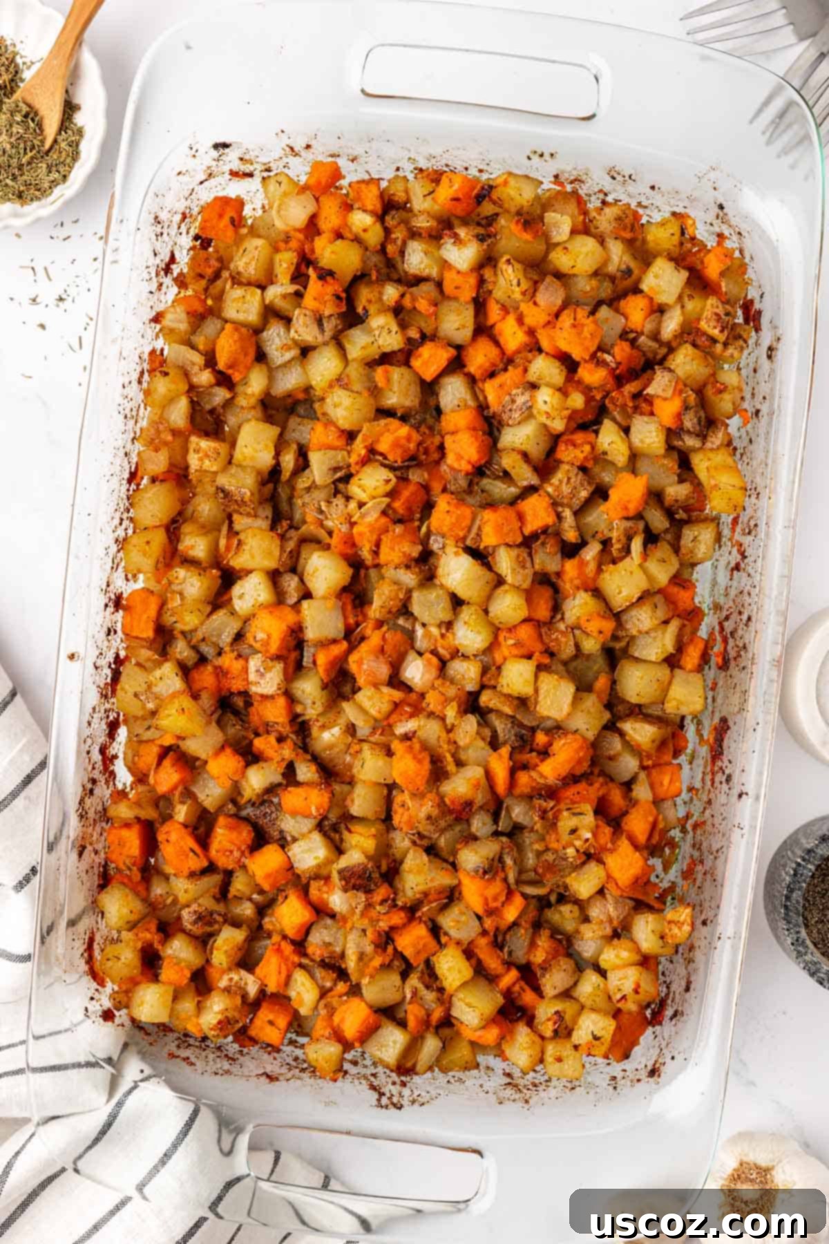 Hearty Vegan Breakfast Hash 12 Overhead view of a large dish of vegan breakfast hash