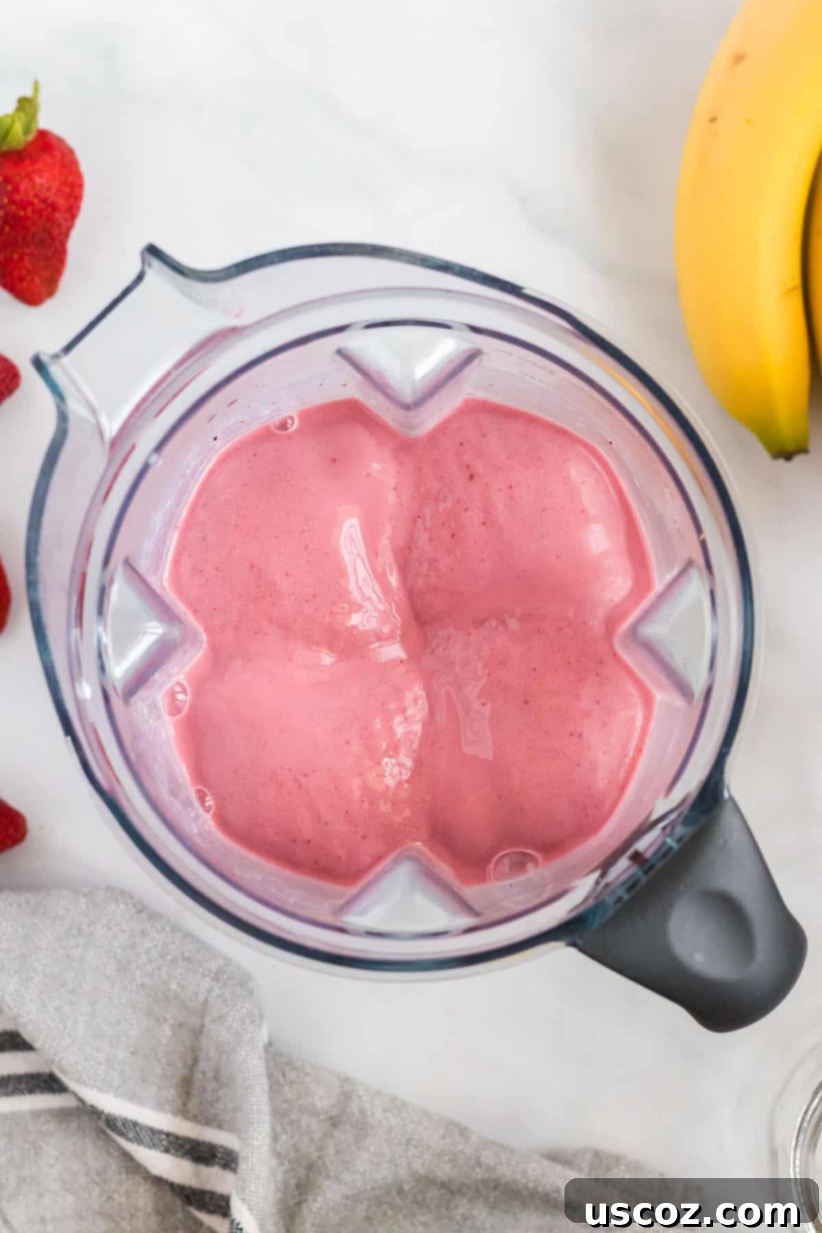 Sweet Strawberry Banana Bliss 3 strawberry banana smoothie in a blender