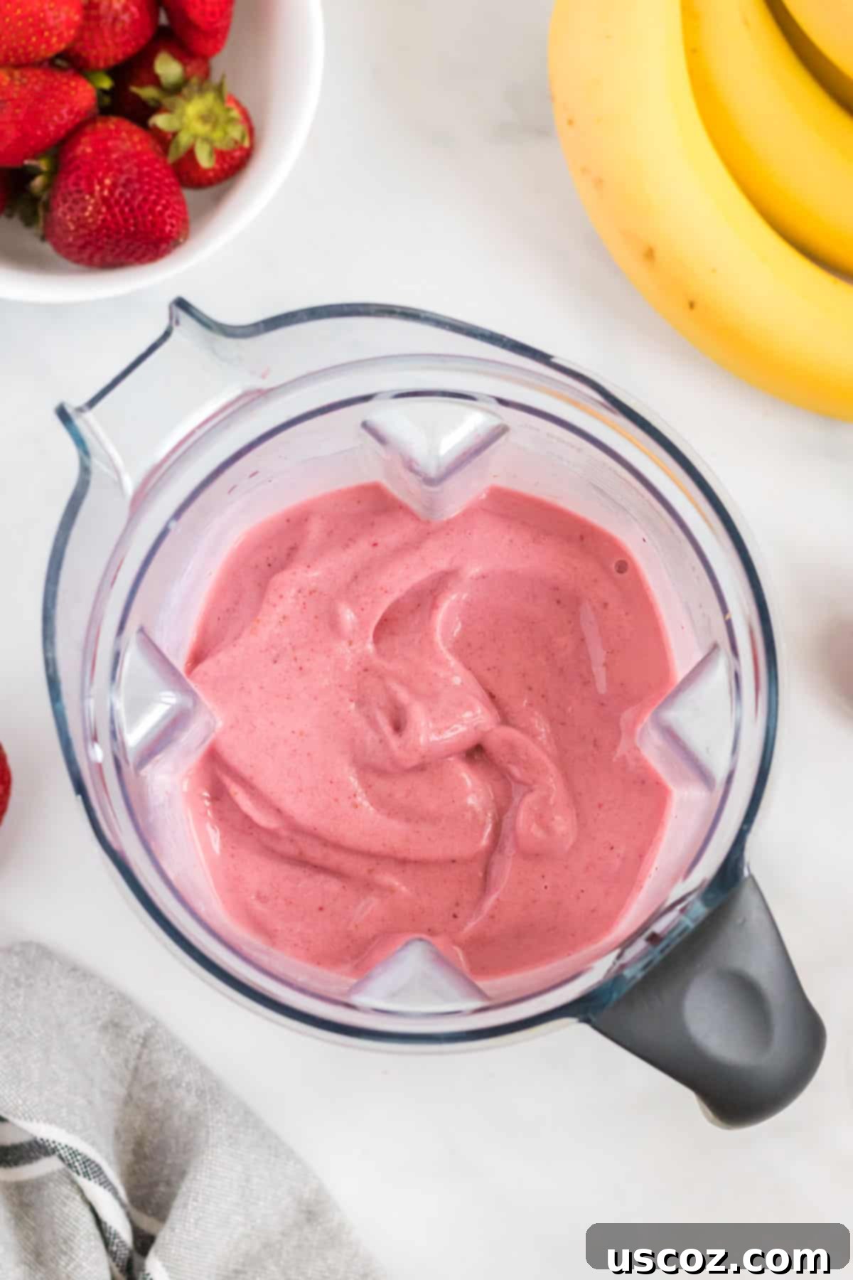 Sweet Strawberry Banana Bliss 5 strawberry banana smoothie in a blender