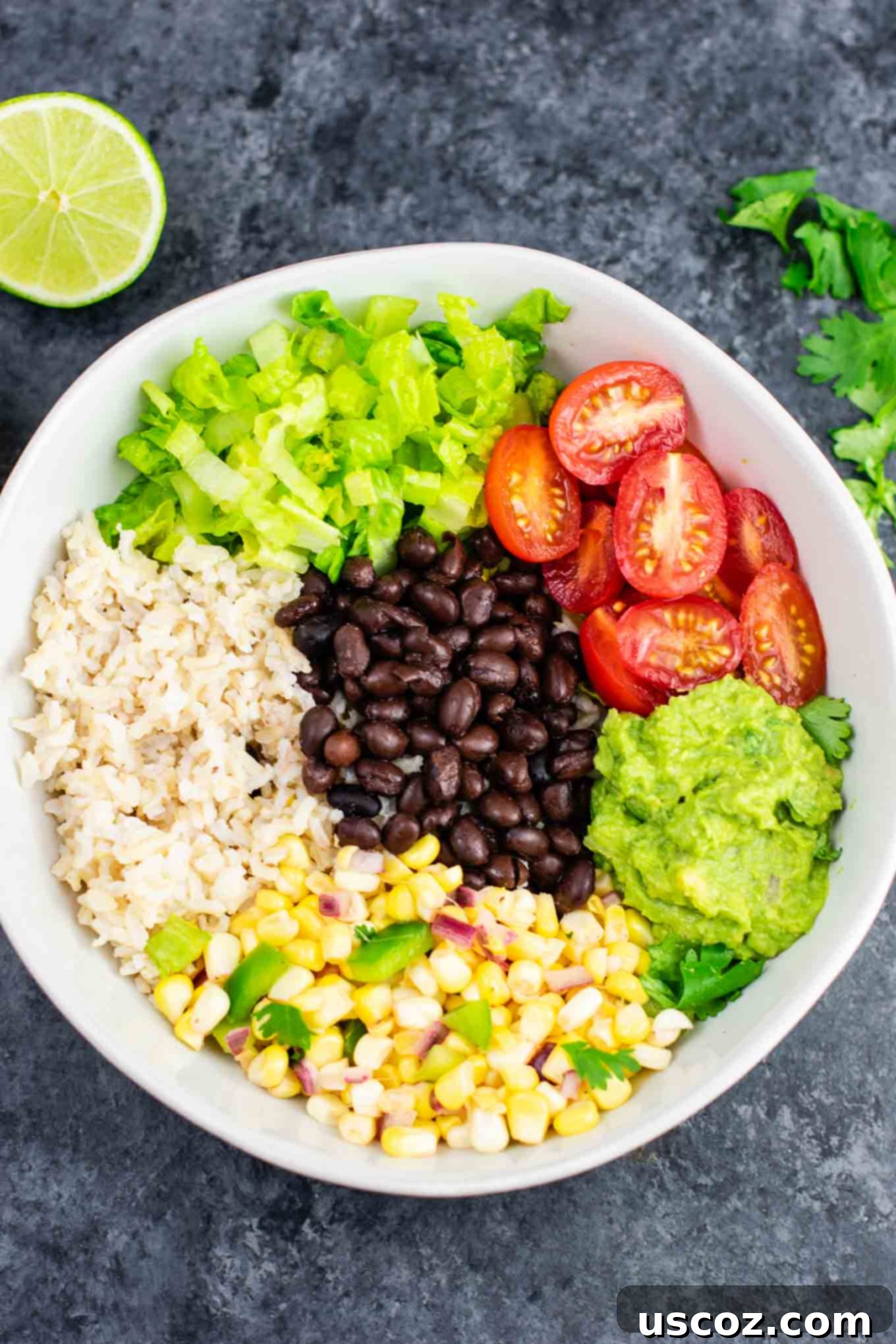 Plant-Powered Mexican Feasts 24 vegetarian mexican recipes: Vegan burrito bowl recipe with homemade fresh corn salsa and guacamole, vibrant and appealing
