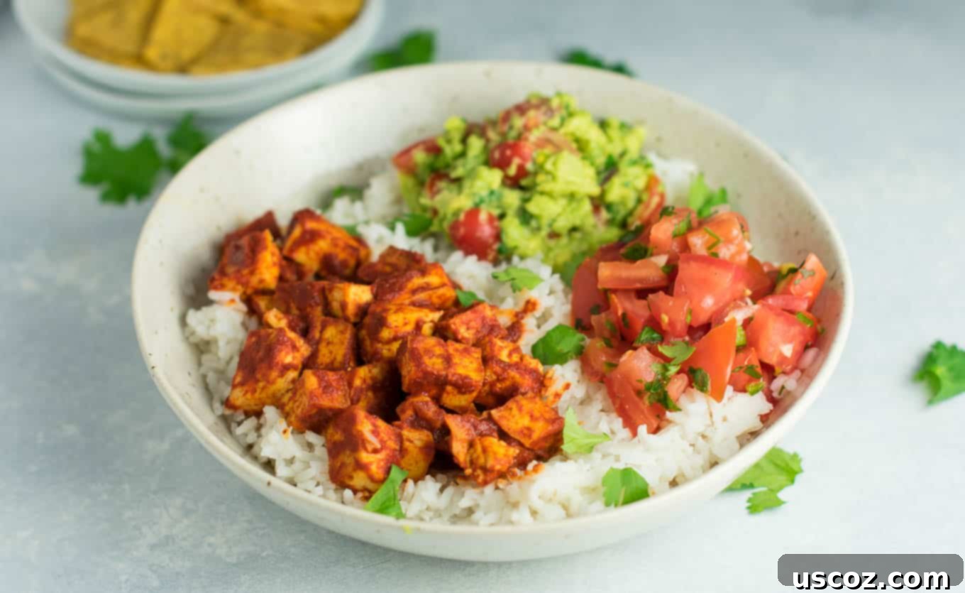 Plant-Powered Mexican Feasts 13 Easy enchilada tofu burrito bowls with homemade guacamole and salsa, vibrant and colorful