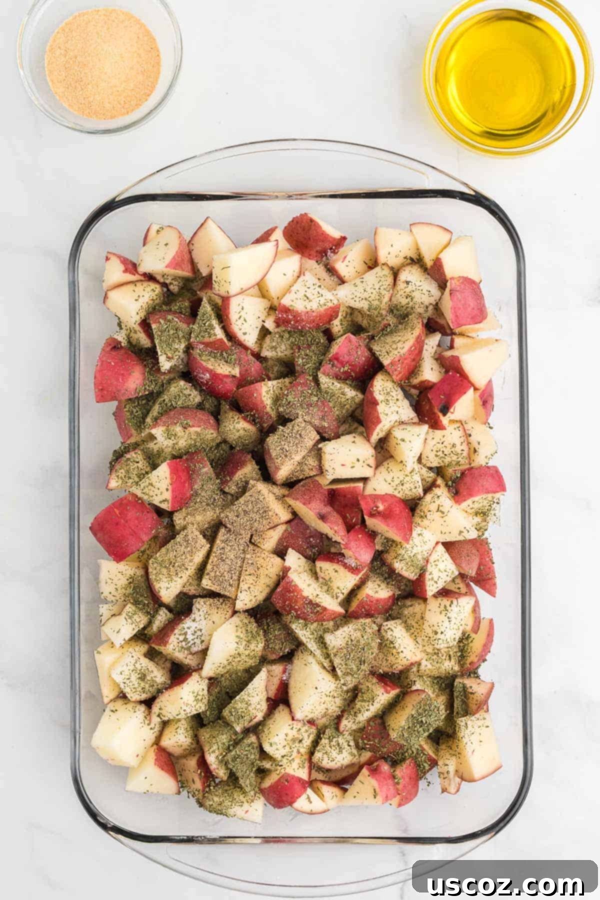 Garlic Herb Roasted Baby Red Potatoes 6 red potatoes generously seasoned with spices before tossing