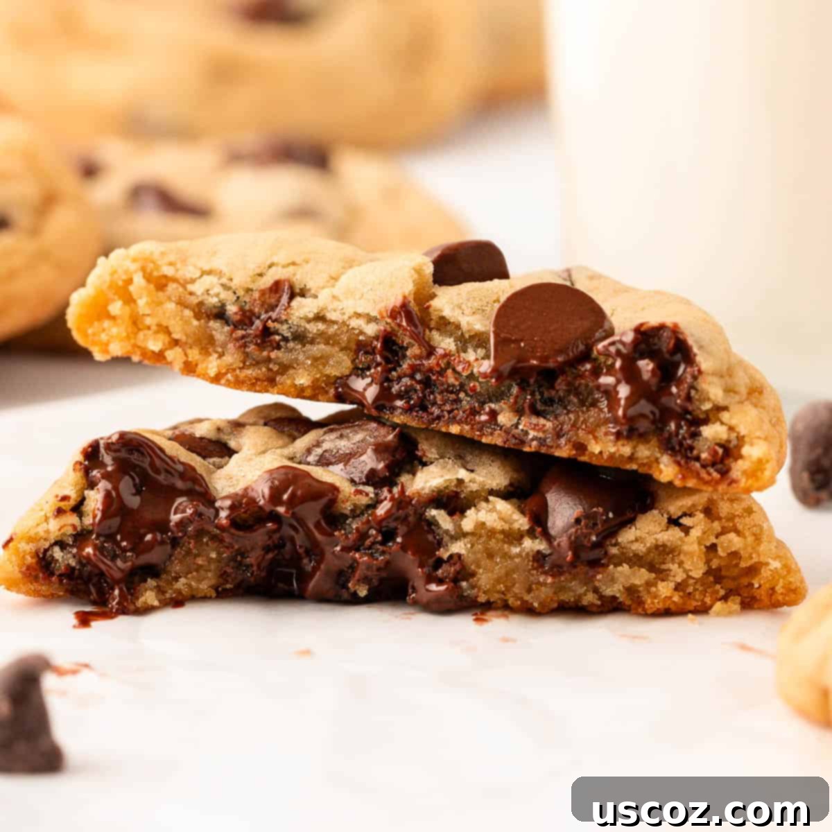 Delicious Vegan Chocolate Chip Cookies 3 stack of several vegan chocolate chip cookies, highlighting their golden brown edges and soft centers