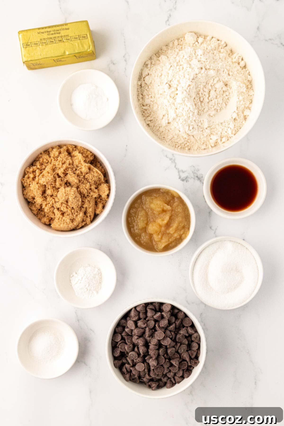 Delicious Vegan Chocolate Chip Cookies 4 all ingredients laid out on a kitchen counter, ready to be used for making vegan chocolate chip cookies