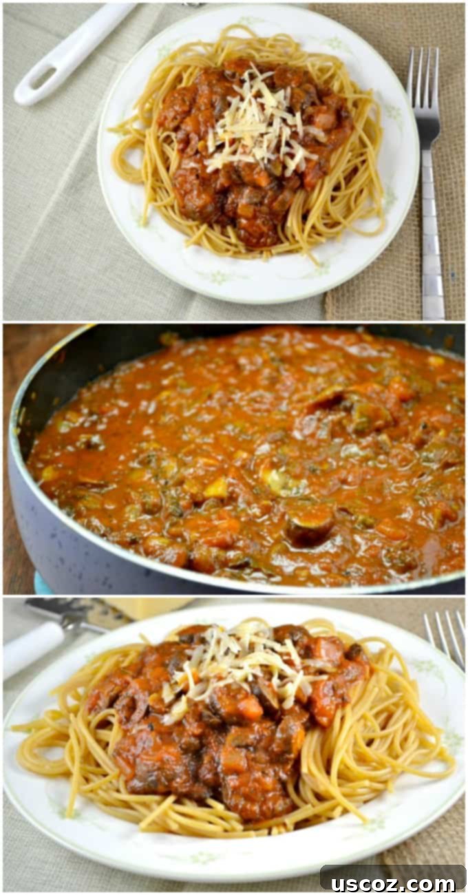 easy meatless spaghetti sauce with whole wheat pasta - easy and healthy vegetarian dinner! #meatless #spaghetti #dinner #healthy #spaghettisauce