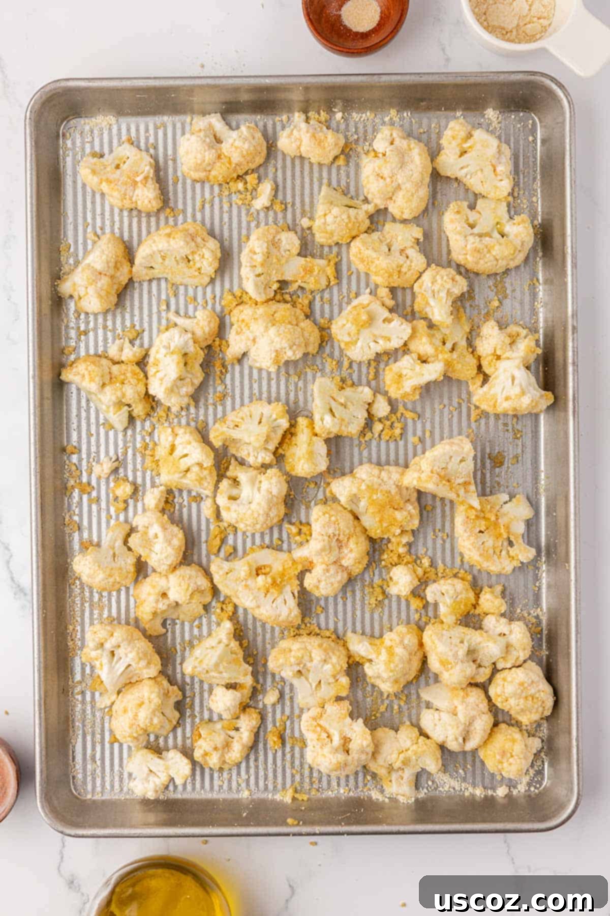 Crispy Parmesan Roasted Cauliflower 8 cauliflower florets tossed with parmesan and spices