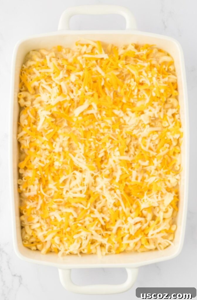 Golden Baked Macaroni Perfection 13 macaroni and cheese in a baking dish topped with cheese