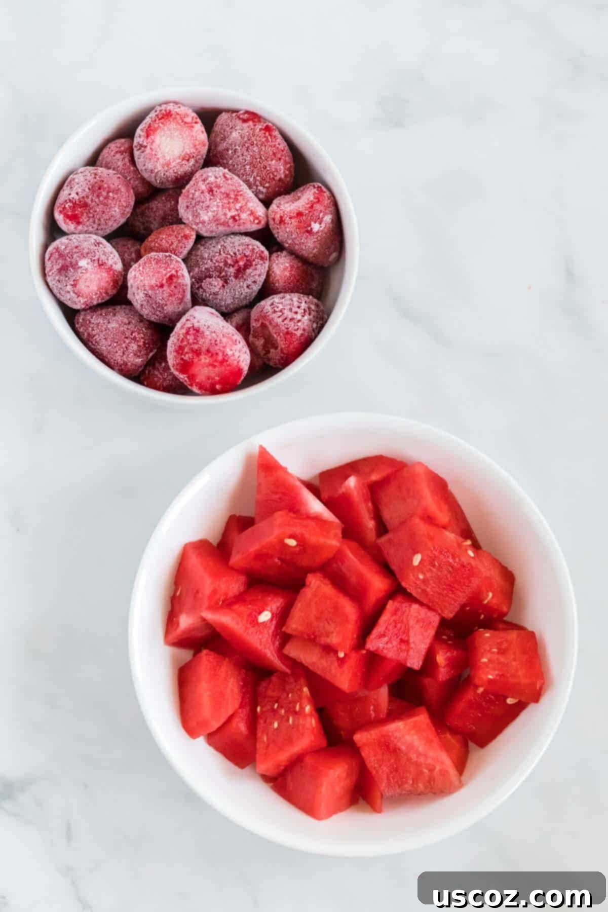 Sweet Summer Smoothie Sensation 3 fresh watermelon and frozen strawberries in white bowls