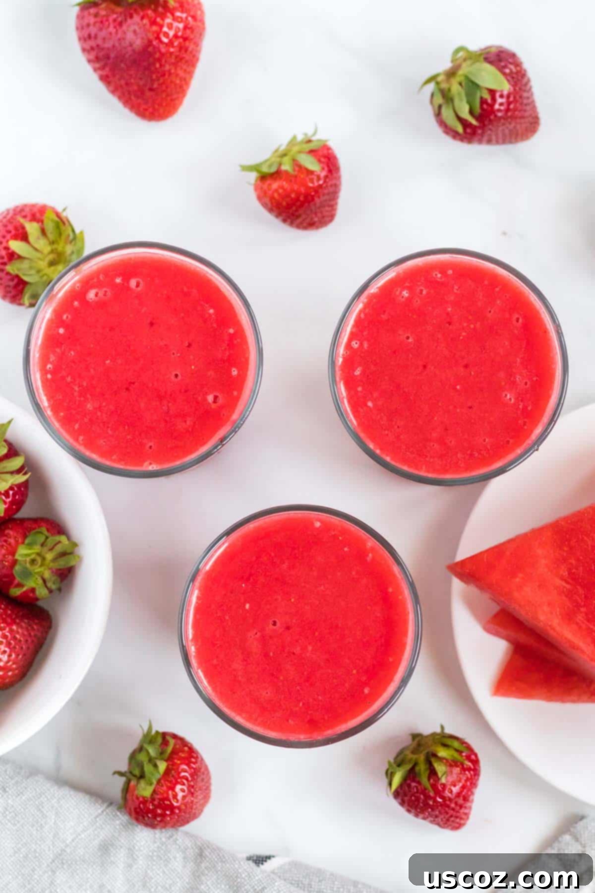 Sweet Summer Smoothie Sensation 5 3 watermelon strawberry smoothies from an overhead view