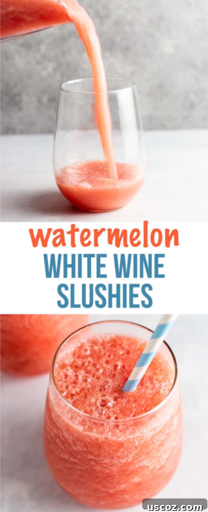 A vertical pin-friendly image for Pinterest featuring watermelon white wine slushies in glasses with fresh watermelon and mint.
