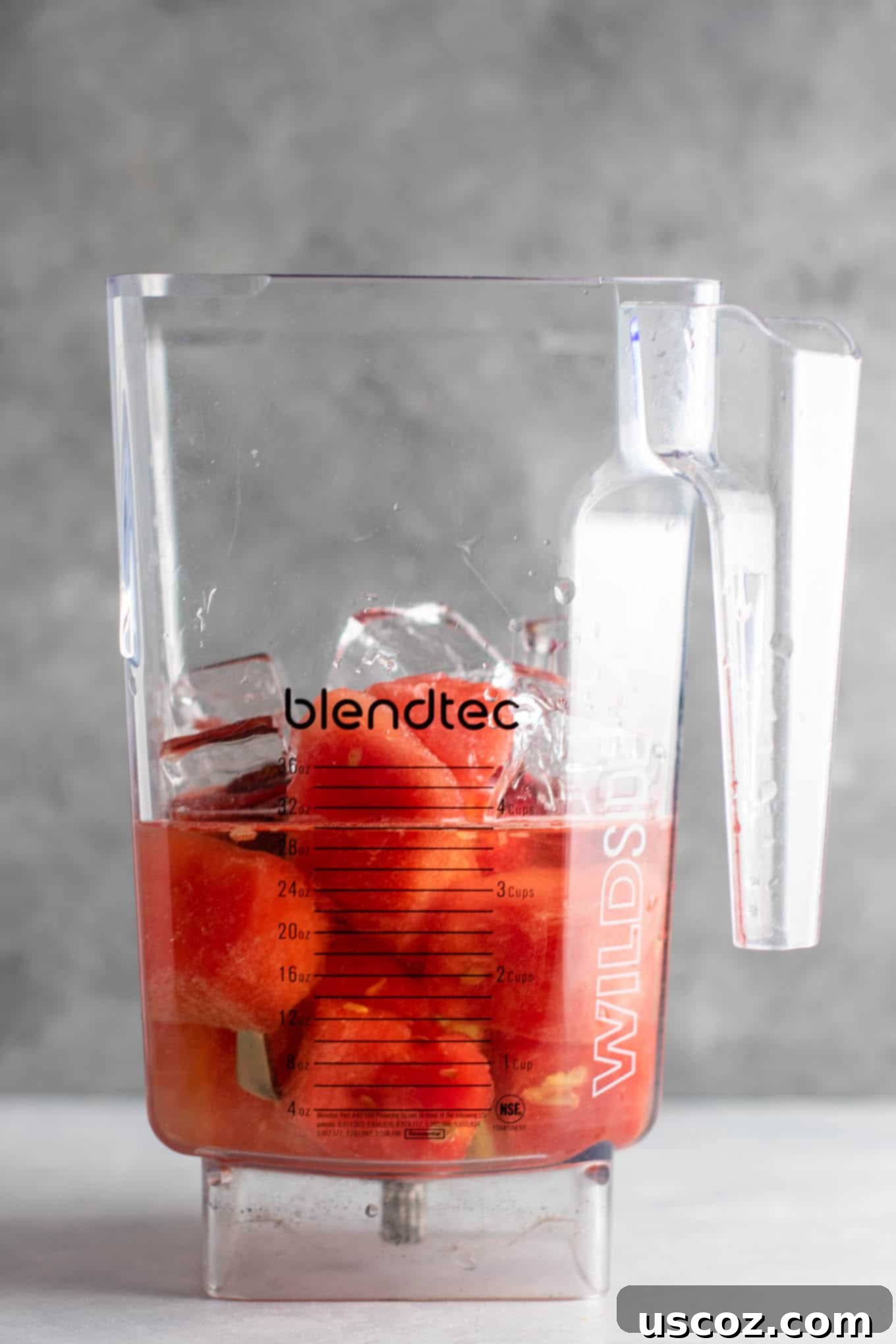 Watermelon white wine slushies being blended in a high-speed blender, showing the vibrant pink mixture. The process of making a refreshing summer cocktail.
