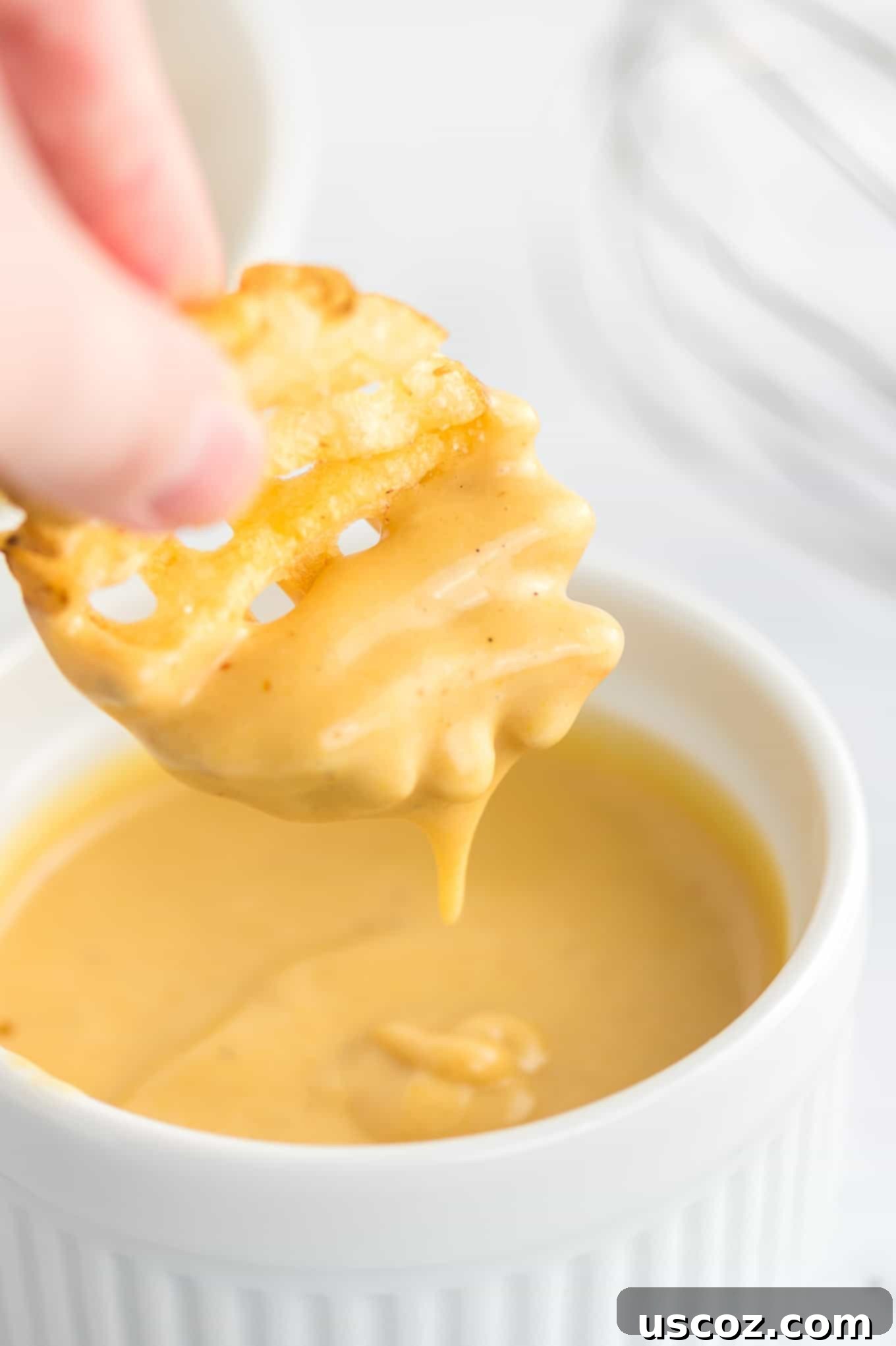 Make Your Own Chick-fil-A Sauce 3 Close-up of a waffle fry being dipped into a small bowl of Chick-fil-A sauce