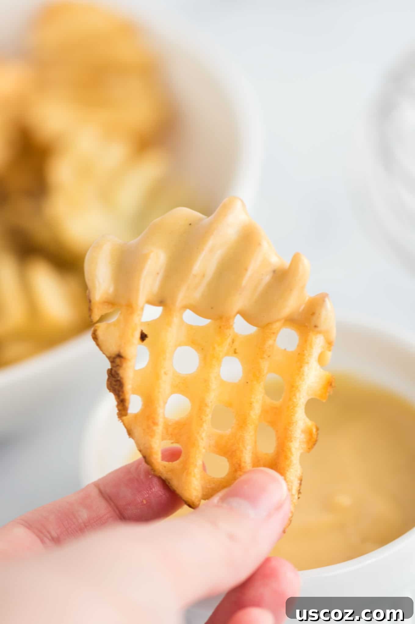 Make Your Own Chick-fil-A Sauce 7 Another close-up of a waffle fry being dipped into the homemade Chick-fil-A sauce