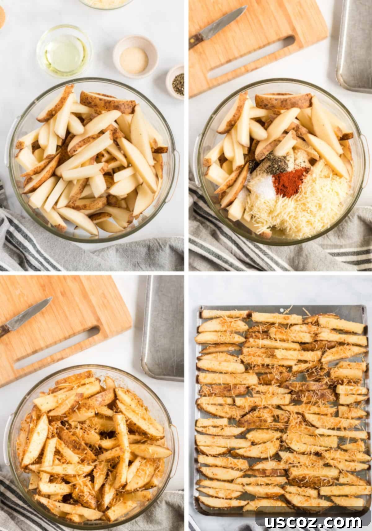 Garlic Parmesan Baked Potato Wedges 5 A collage image showcasing the stages of preparing potato wedges: cut potatoes in a bowl with spices and olive oil, then tossed with parmesan, and finally spread on a baking sheet, ready for roasting.