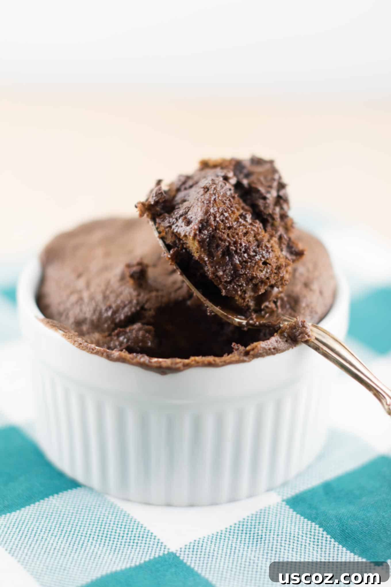 25 Decadent Gluten-Free Dairy-Free Desserts 12 Delicious chocolate protein mug cake, made with protein powder, served in a mug with a spoon.