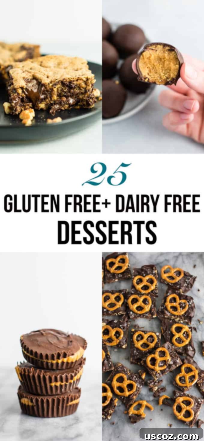 25 Decadent Gluten-Free Dairy-Free Desserts 27 A comprehensive collage showcasing a wide variety of 25 delicious gluten-free and dairy-free desserts, including cookies, mug cakes, and bars, with hashtags #glutenfree #dairyfree #desserts #dessertrecipe #healthydessert #healthy #glutenfreedessert #dairyfreedessert.