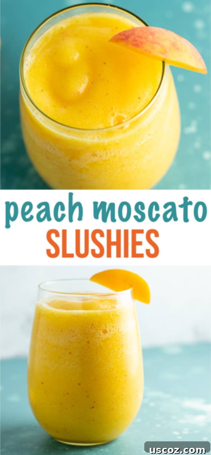 Pin this Peach Moscato Slushie recipe for a delightful and easy summer alcoholic drink, perfect for parties and relaxation.