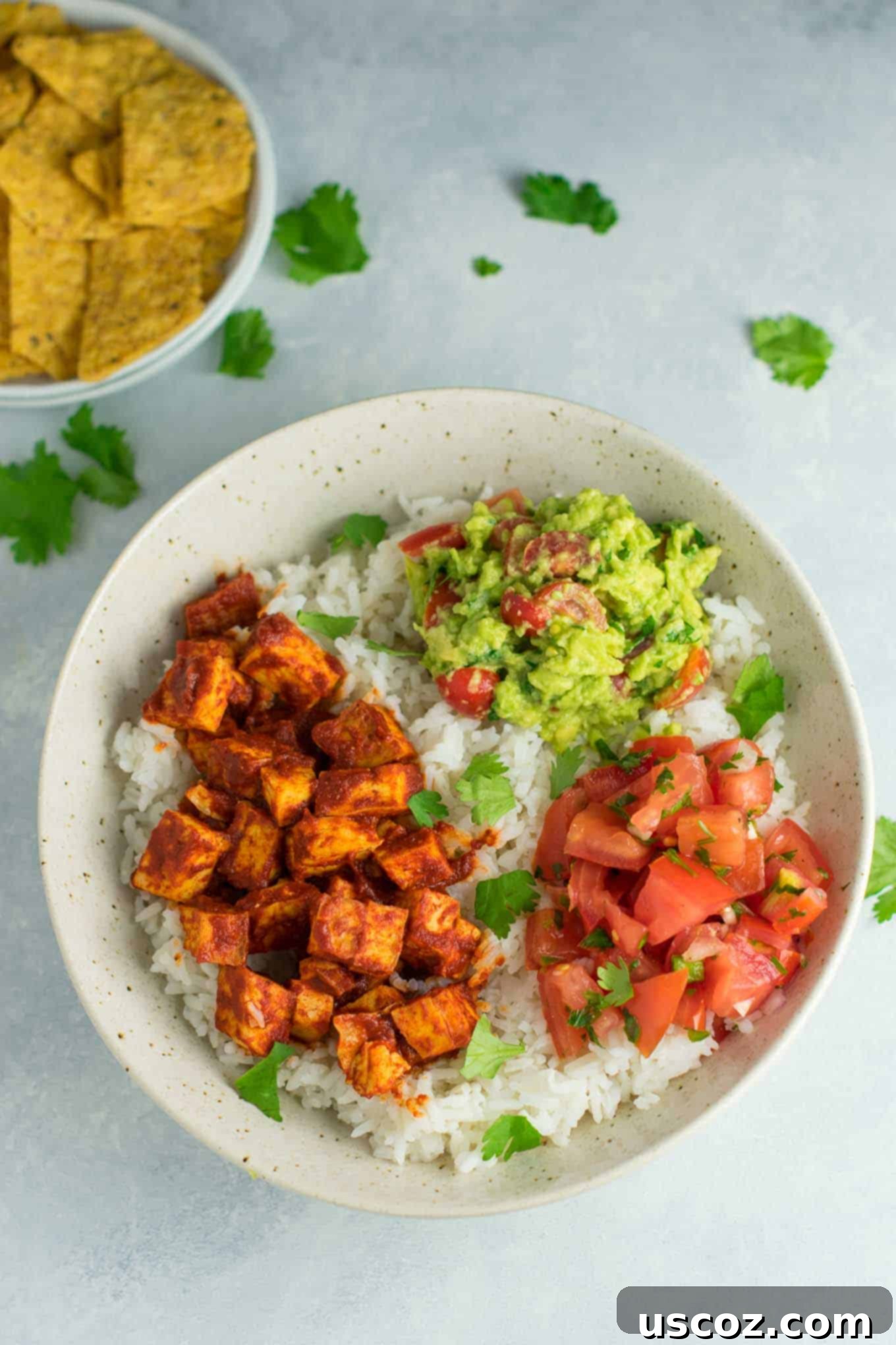 Unlock 29 Delicious Vegan Dinners 12 Easy enchilada tofu burrito bowls with homemade guacamole and salsa, a delicious vegan meal like Chipotle at home.