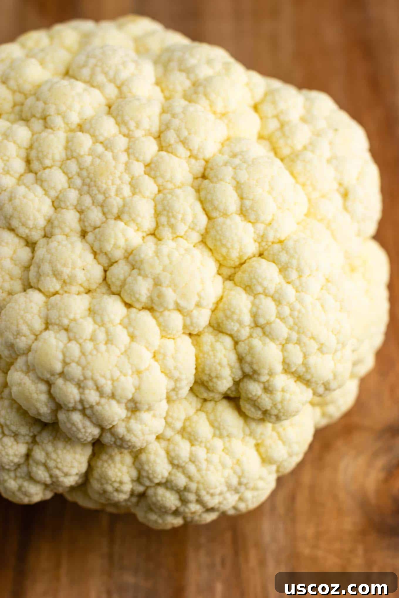 Perfectly Steamed Cauliflower 4 A full head of raw, fresh cauliflower on a wooden cutting board.
