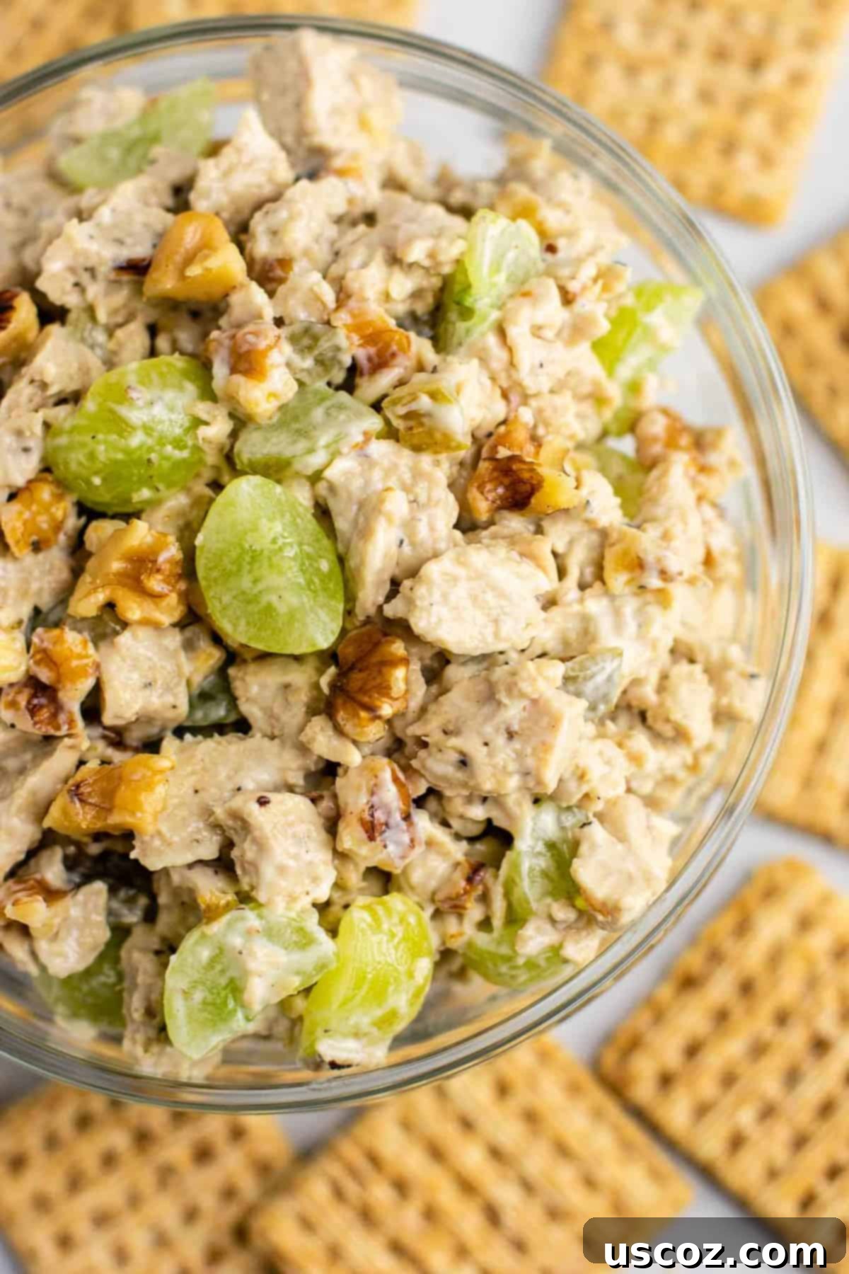 Creamy vegan chicken salad with vibrant green grapes and crunchy walnuts, served in a bowl, perfect for a healthy vegan lunch or meal prep.